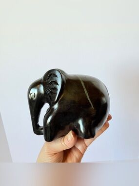 Large Hand-Carved Black Stone Elephant Statue Heavy Folk Art Sculpture